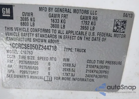 2013 Chevrolet Silverado 1500 Lt z USA, uszkodzony, nr VIN 1GCRCSE05DZ344718